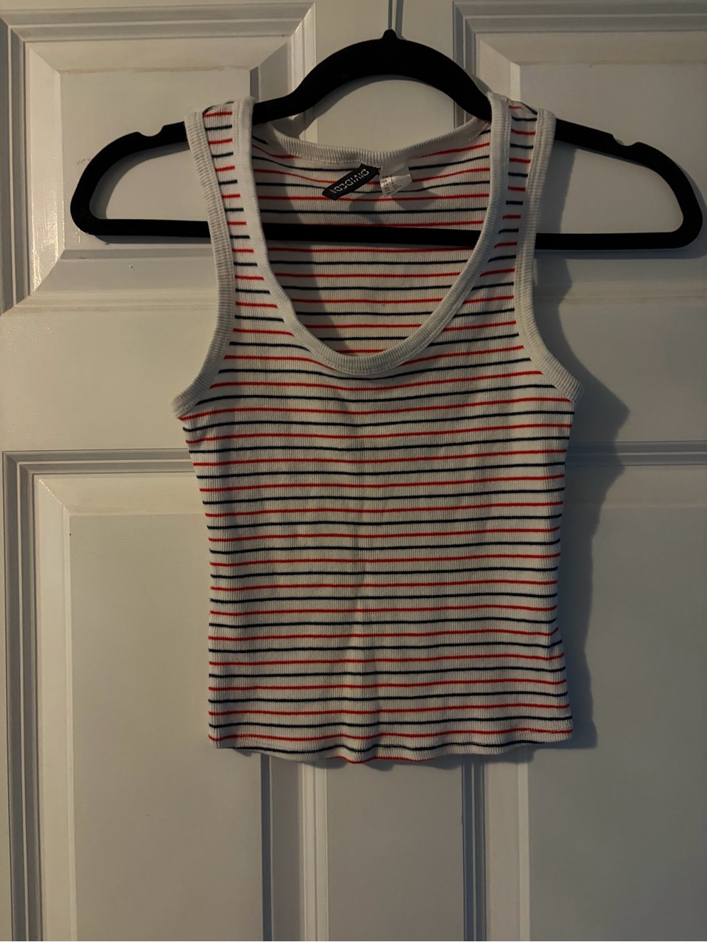 H&M White Ribbed Tank Top with Red & Black Stripes
